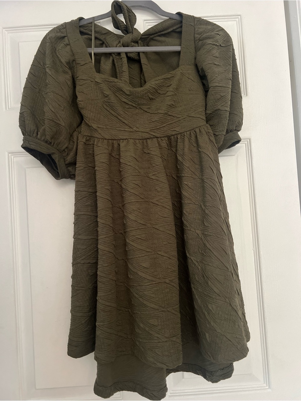 Free People Olive Textured Puff Sleeve Dress